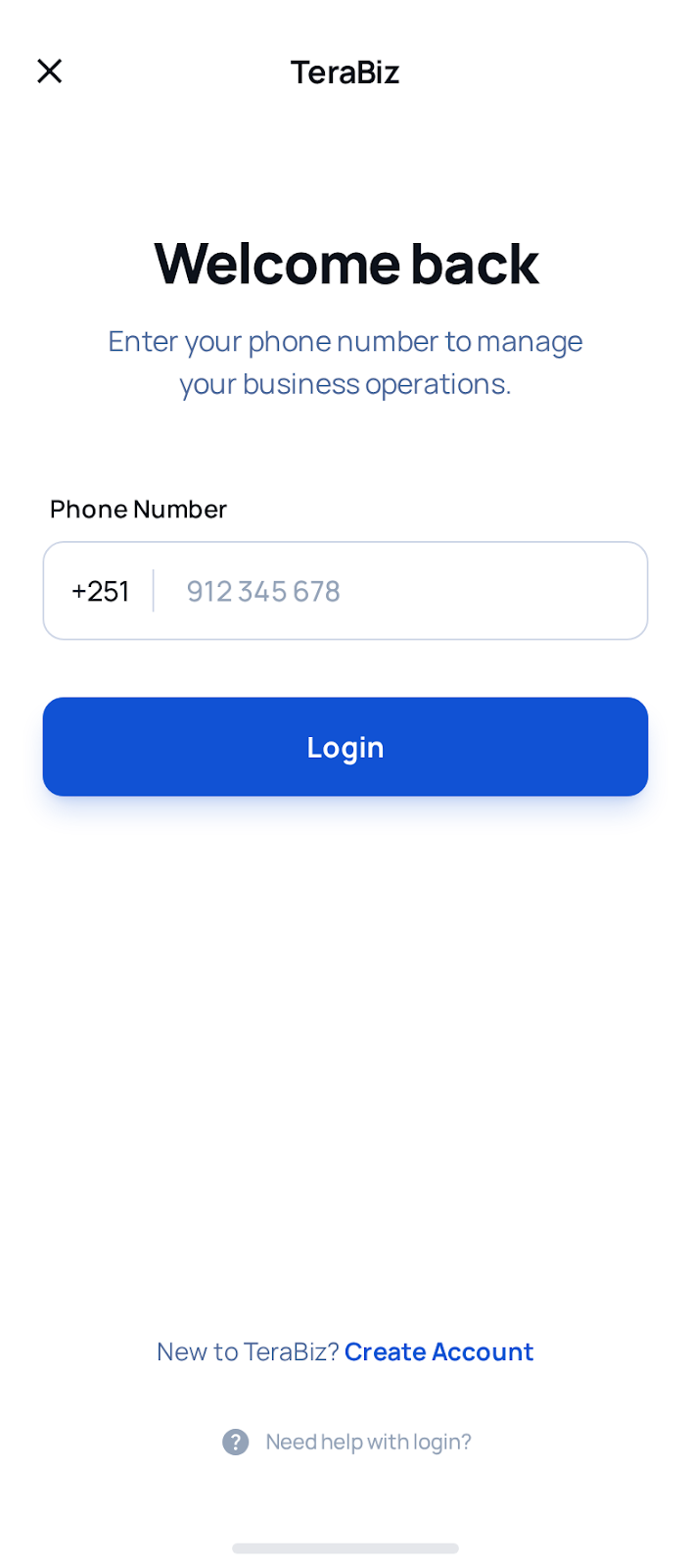 TeraBiz App Login Screen